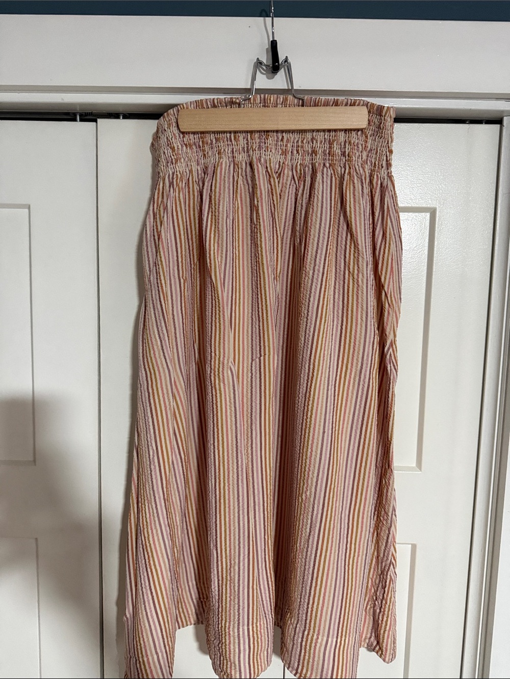 Light Pink Striped Smocked Waist Midi Skirt